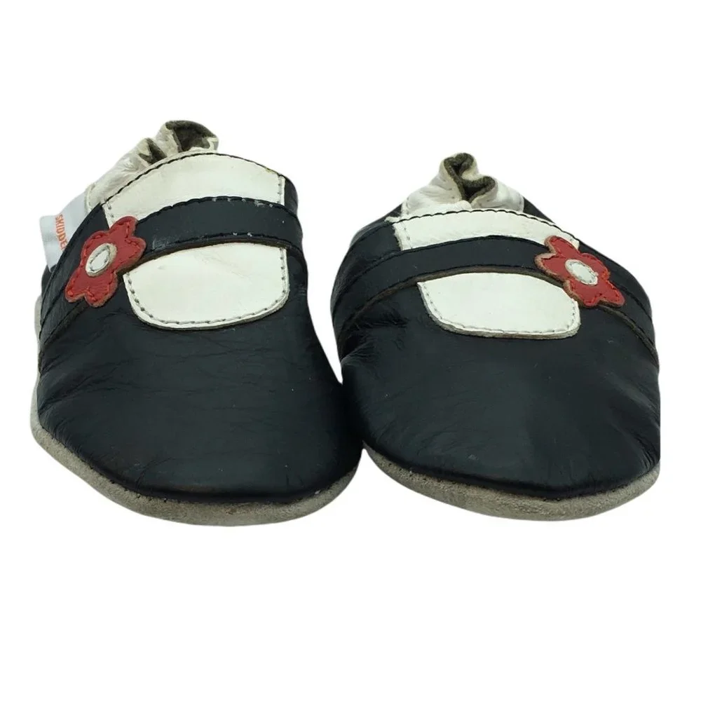 Skidders moccasins‎ leather Crib Shoe Black Red Flower Slip On 6-12 Months